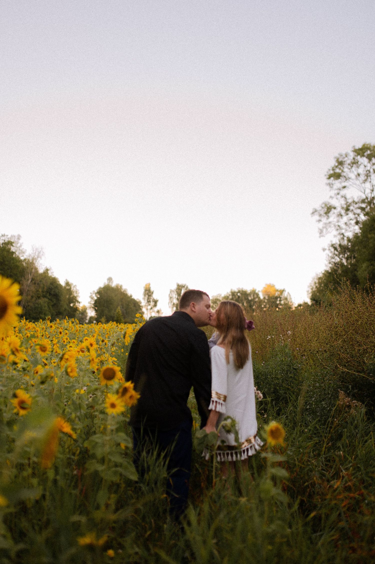 A romantic moment shared between a couple in a sunflower field at sunset.