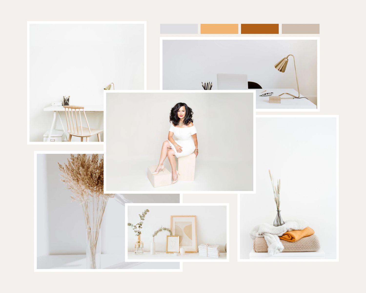 Minimalist neutral mood board with white furniture, dried flowers, and natural decor elements.