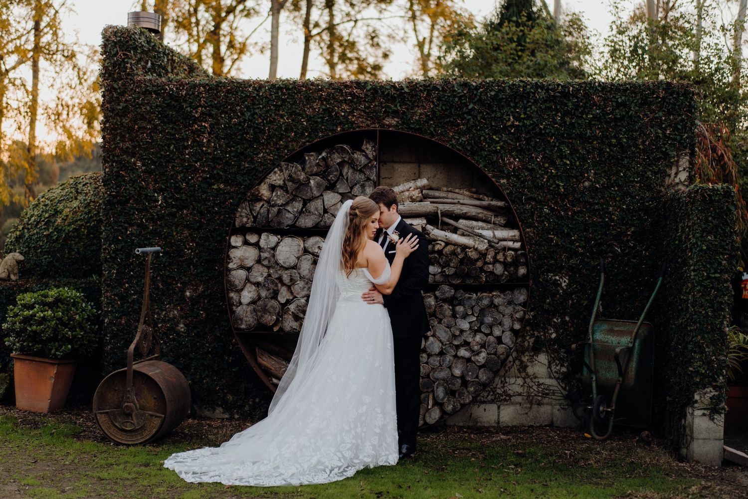 Bride and groom embracing
