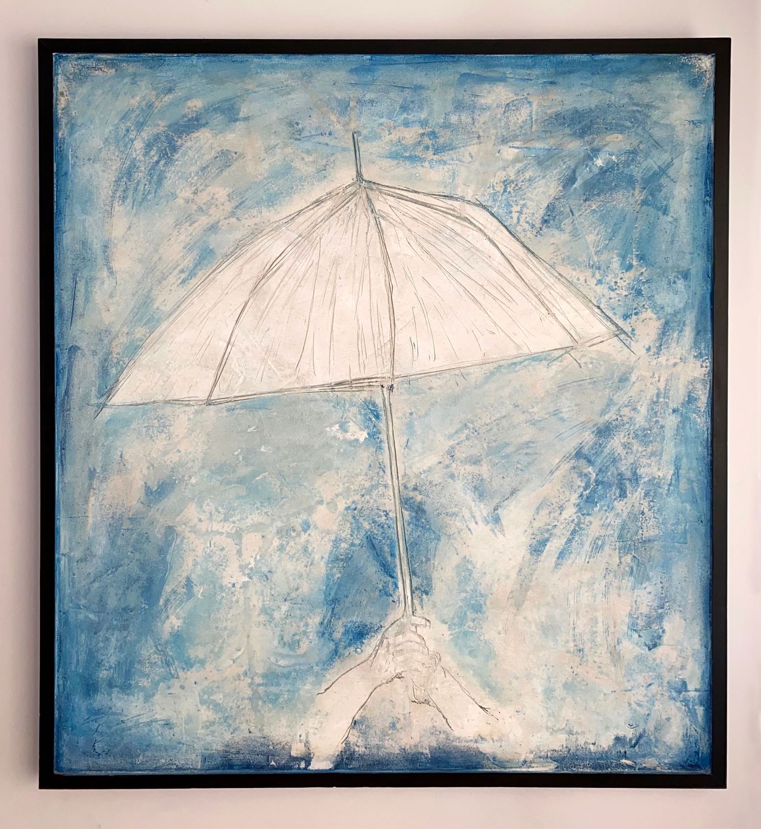 Puntas Arenas mixed media painting on canvas. Hands holding an umbrella with a blue background.