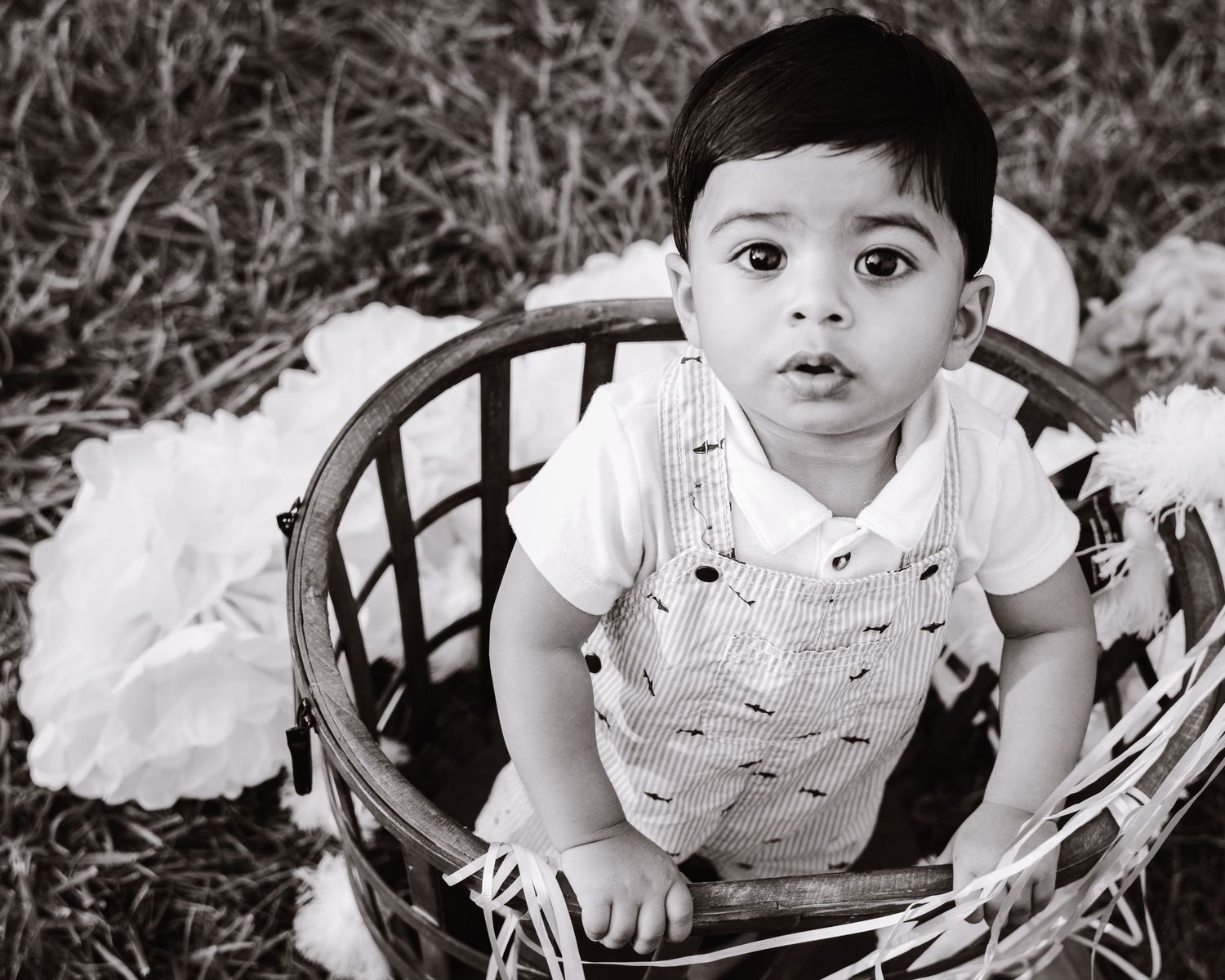 Black and white portrait of a toddler sitting in a woven basket surrounded by white tulle decorations.