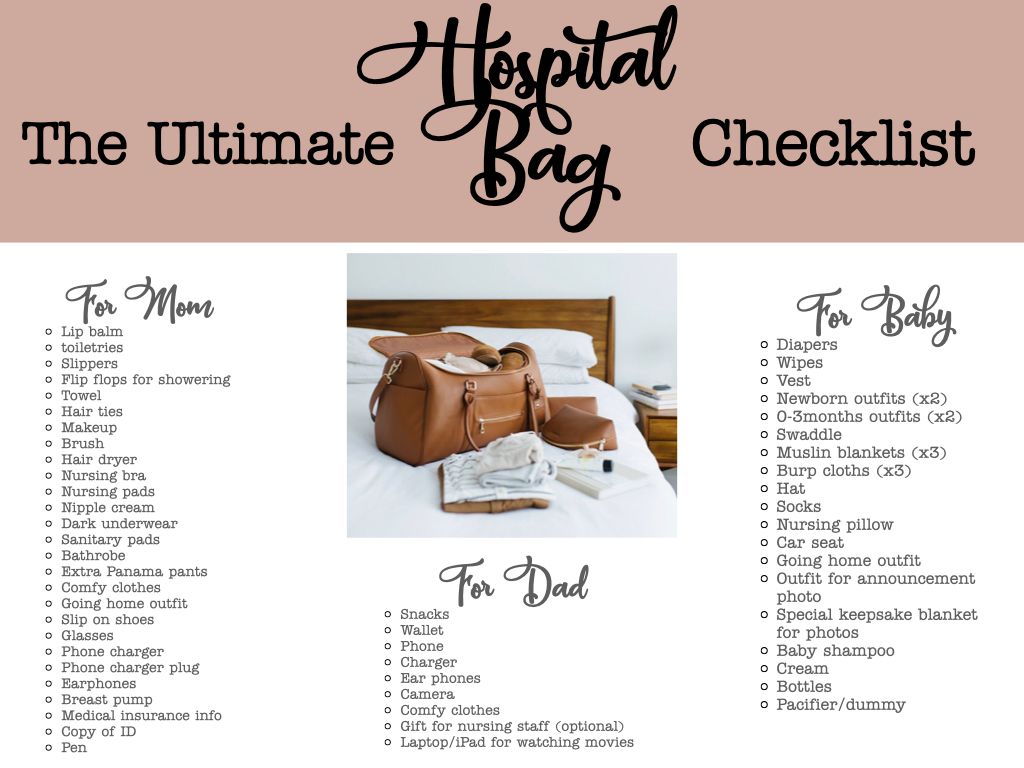 hopsital bag checklist for mom dad and baby leather bag on bed baby clothes white sheets