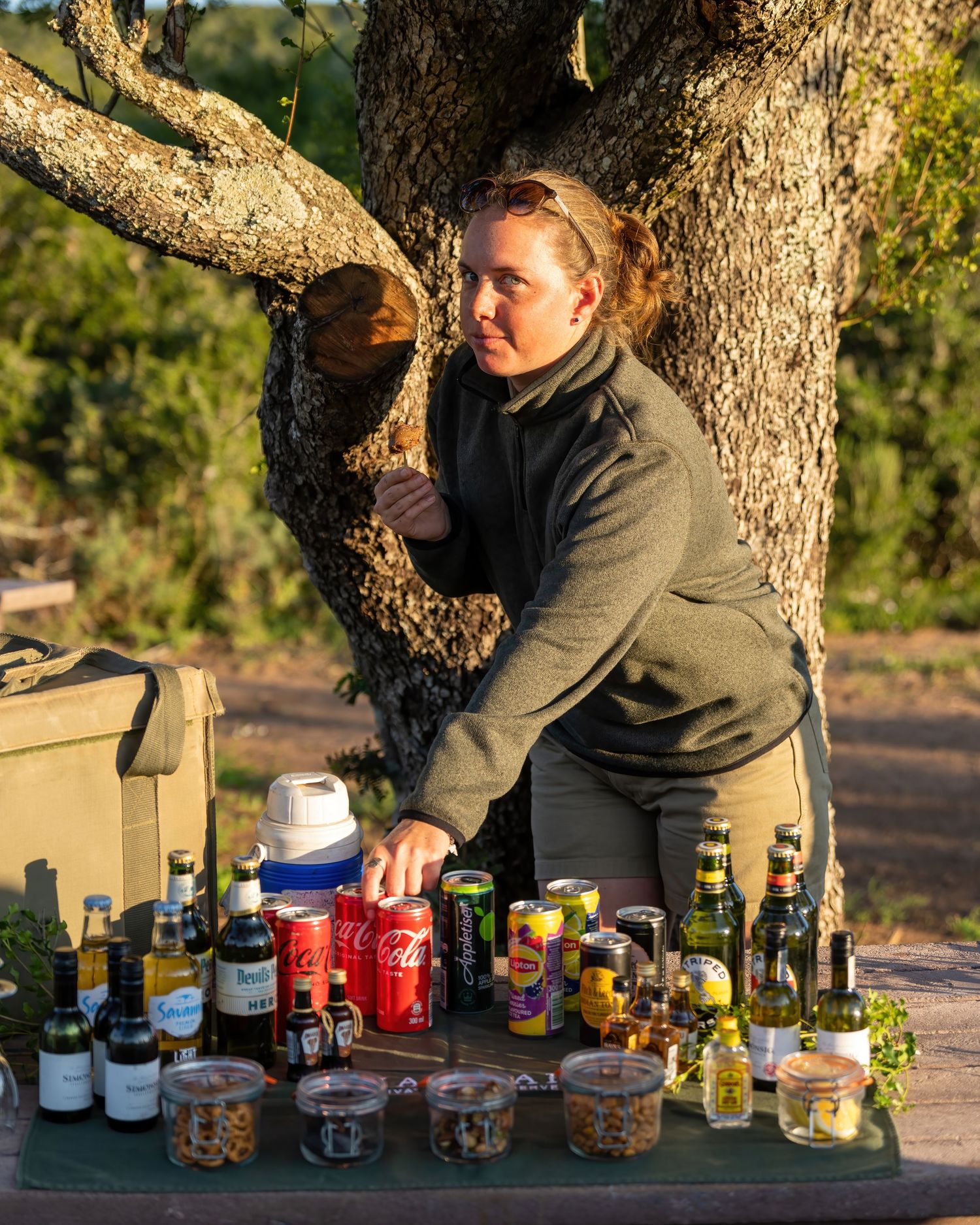 A collection of beer bottles and drinks arranged under a tree trunk outdoors.