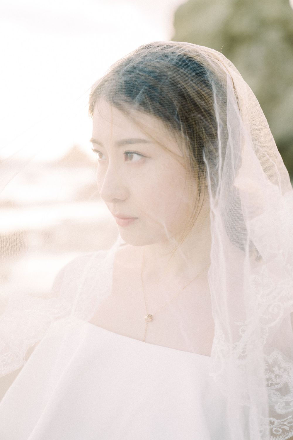 Elegant side profile of a bride wearing a sheer white veil in natural sunlight.