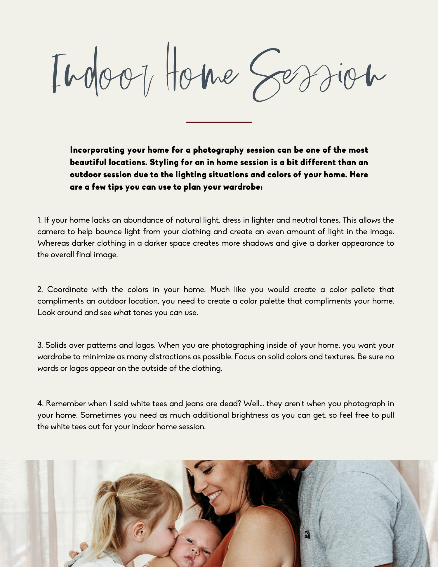 Indoor home photography session tips with advice on lighting, patterns, and space composition.