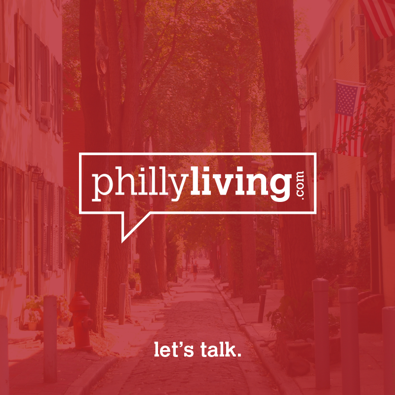 Red-tinted urban street scene with Philly Living branding overlay.