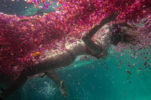 A woman falling through water and a sea of flowers