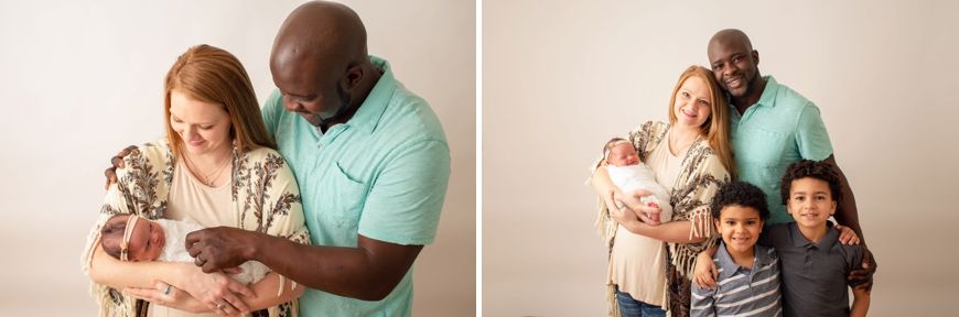 Loving family portrait session in studio with neutral background.