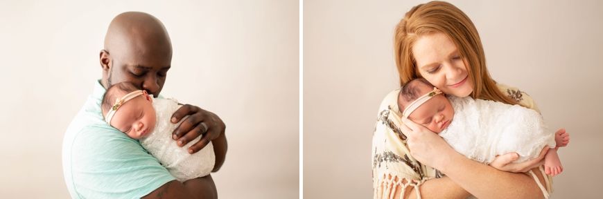 Sweet newborn photography session with family in studio setting.