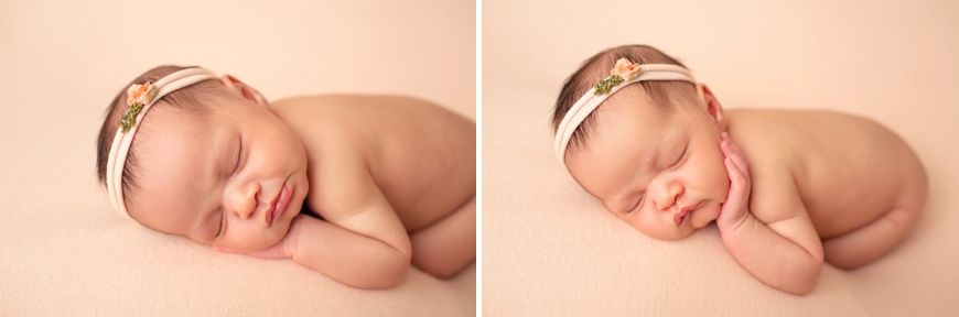 Side by side photos of sleeping newborn with floral headband on peach background.