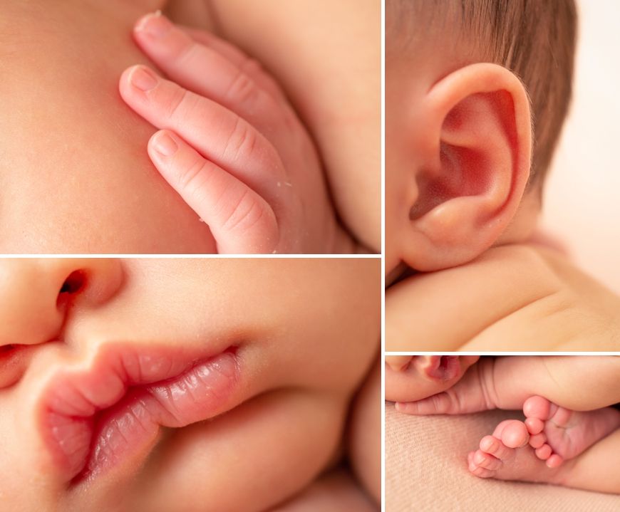 Close-up collage of tiny baby features including fingers, ear, lips and toes in soft lighting.