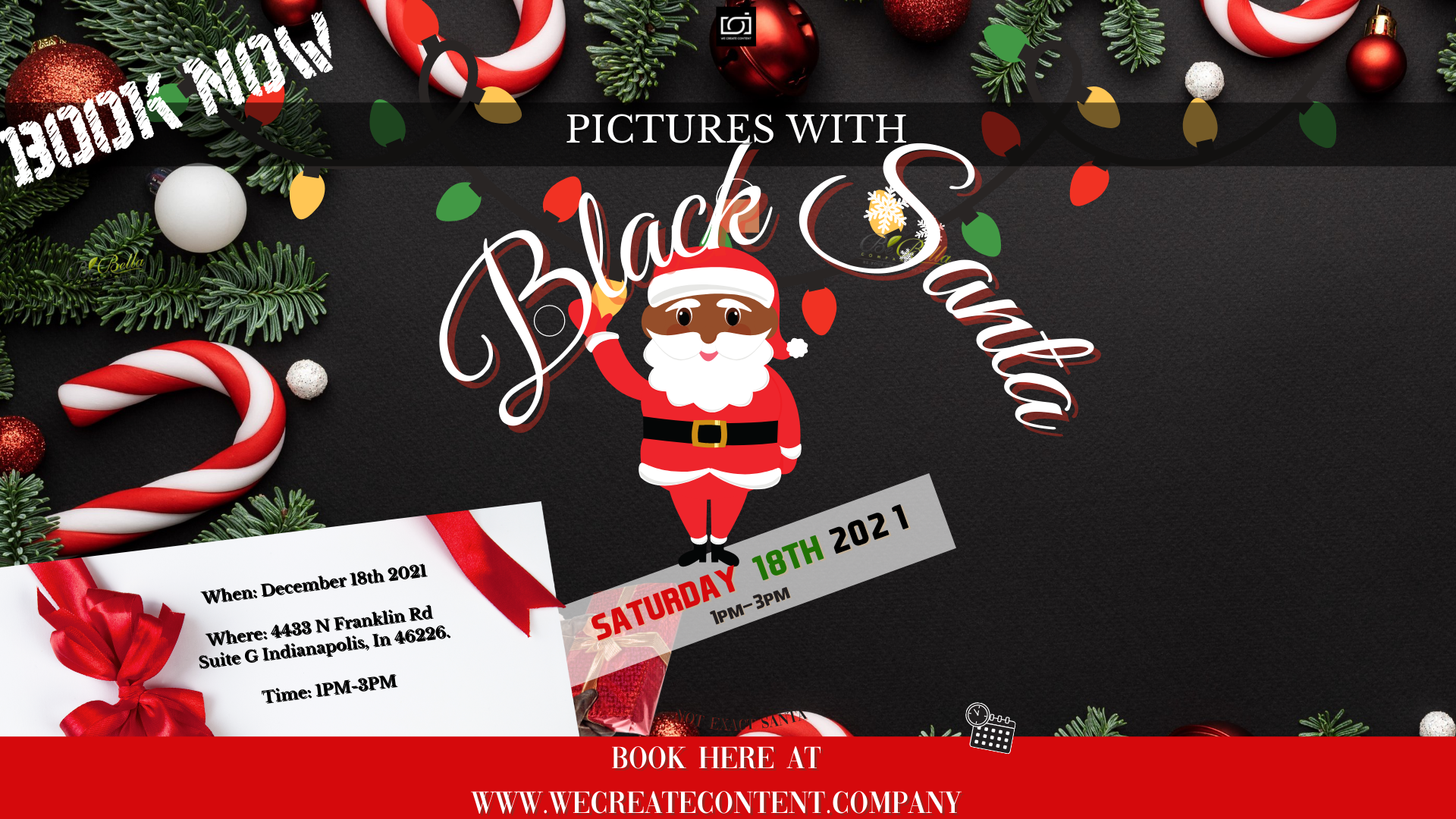 Christmas themed graphic with cartoon Santa and decorative text elements on dark background.