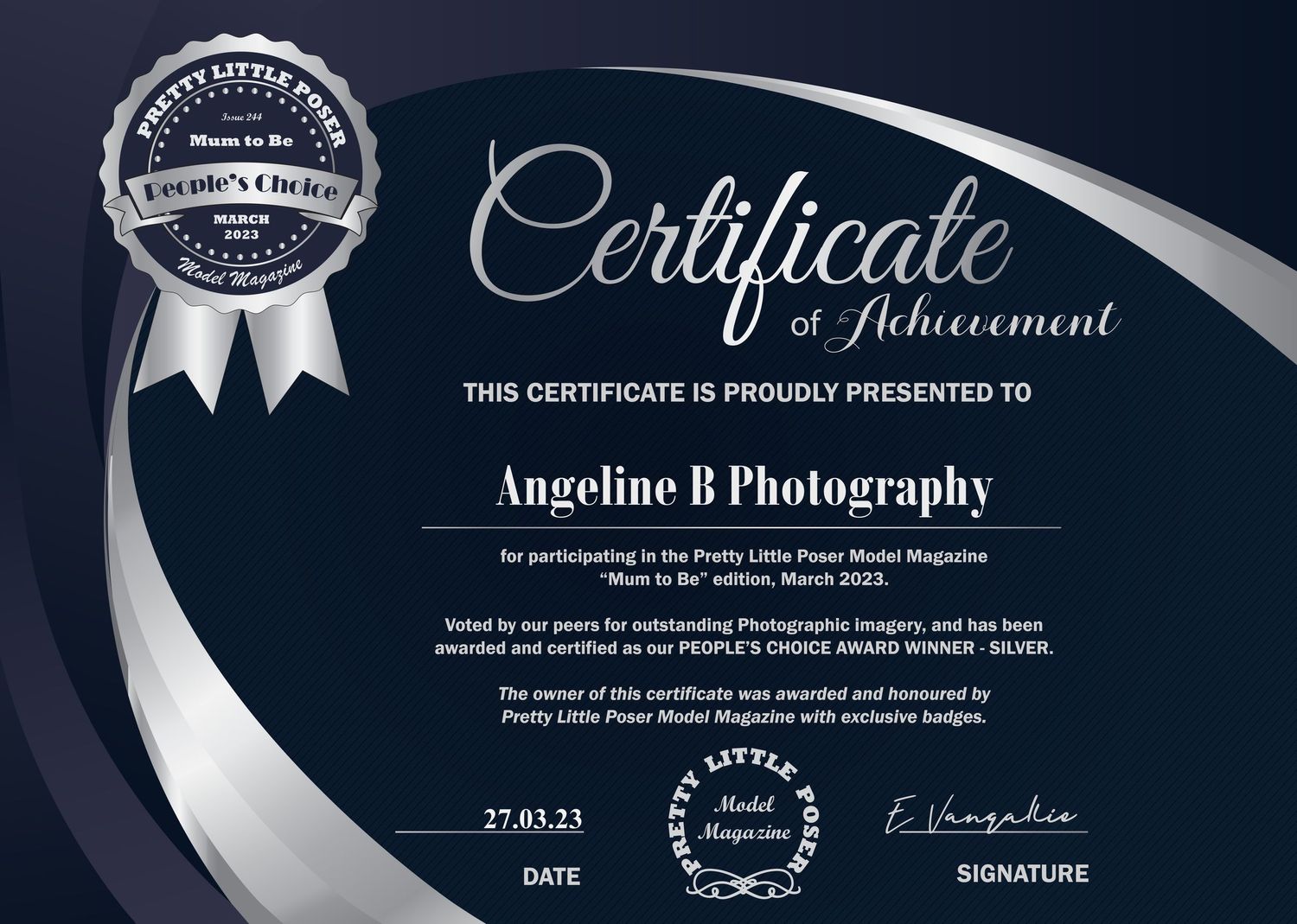 Silver award Certificate to Angeline B Photography from being published in Pretty Little Posers Model Magazine