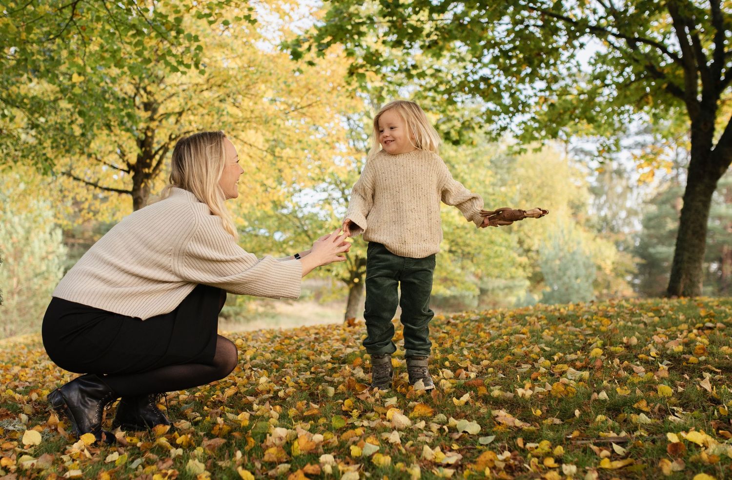 A playful autumn scene in a park with fallen yellow leaves and trees.