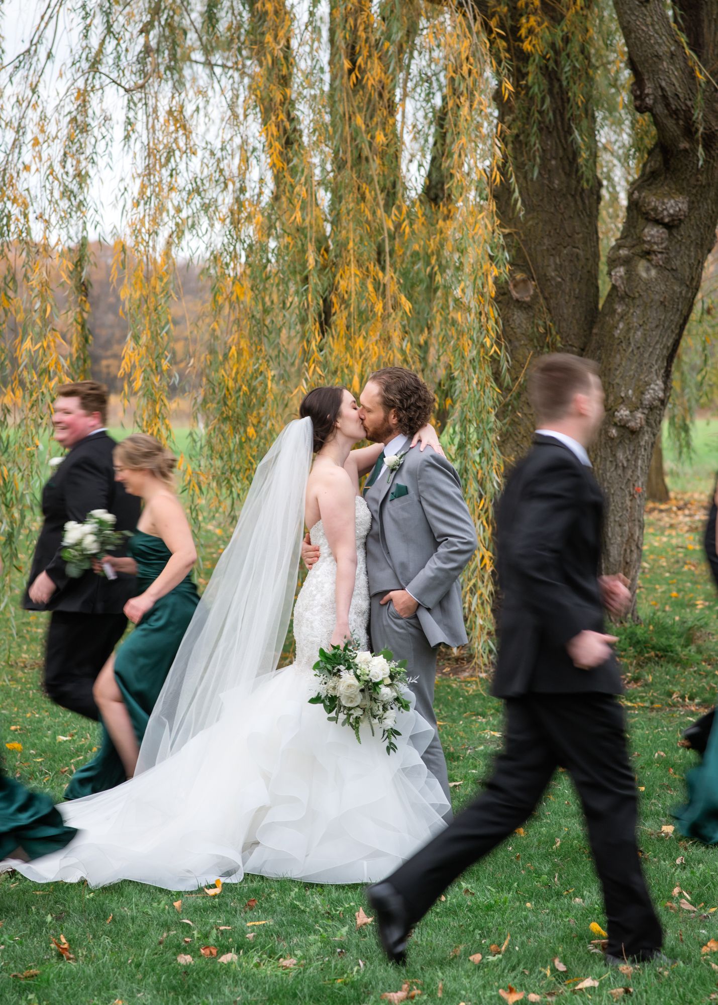 A wedding couple shares a romantic kiss under a weeping willow tree while wedding party members walk past.