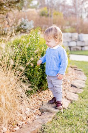 Small child in blue sweater explores garden path near stone wall in Springfield, MO.