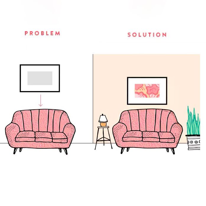 Illustration comparing two pink couches, one with bare walls labeled 'Problem' and one with decor labeled 'Solution'.