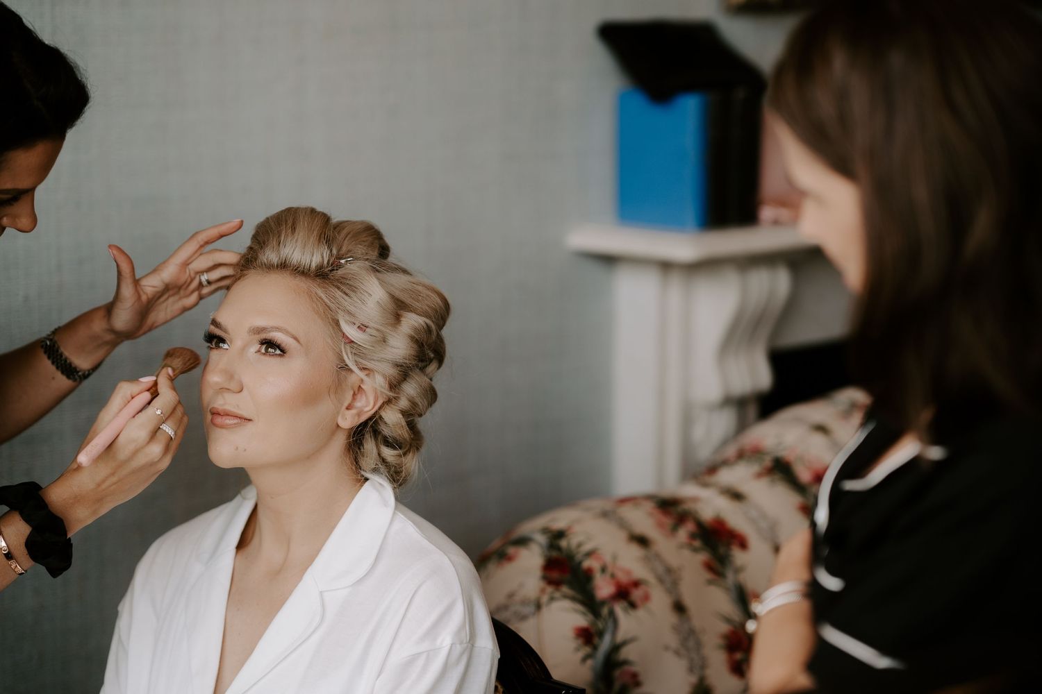 make up artist applying make up to bride at the Randolph hotel in Oxford