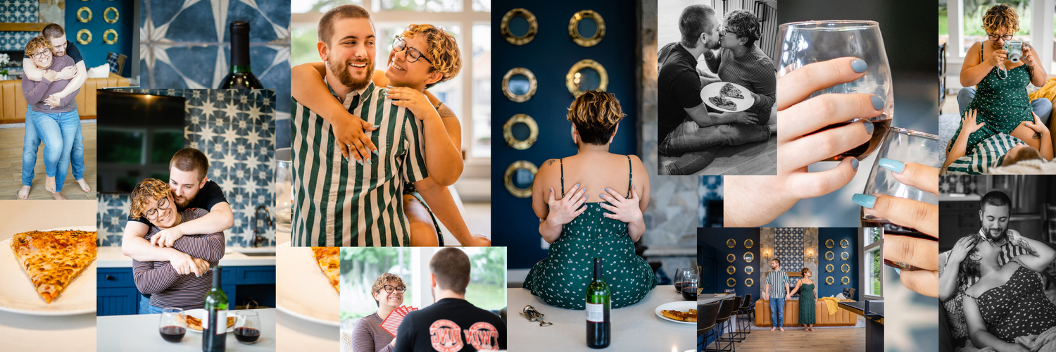 A collage of romantic moments featuring a couple in green striped shirt and polka dot dress.