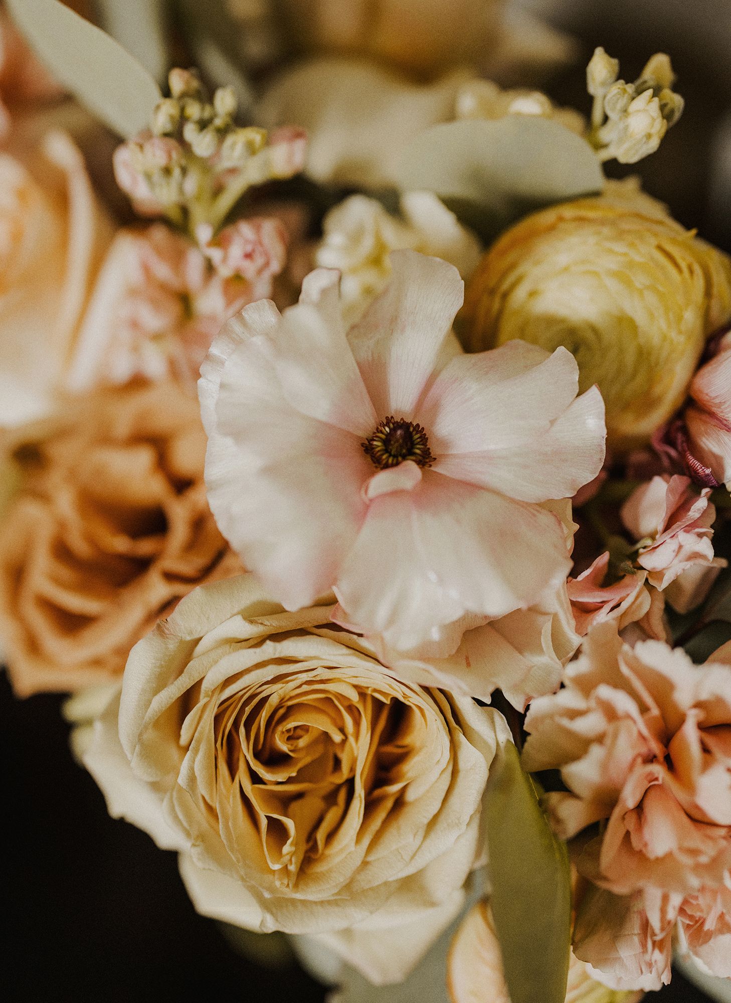 E Noelle Photography in-home wedding in Hidden Hills Los Angeles, pink and orange bouquet flower close up