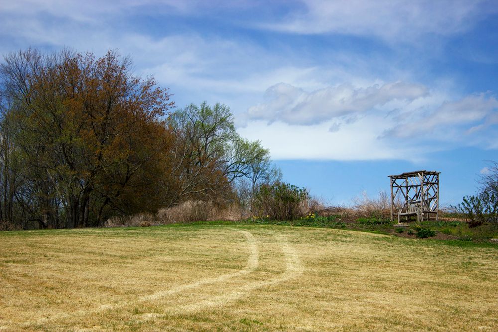 Dirt path leads through a grassy field to a wooden bench swing under blue skies with white clouds.