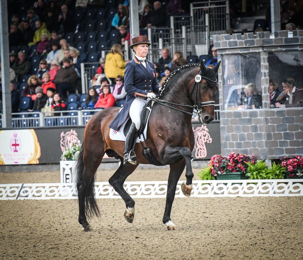 Vicky Thompson - Winfield demonstrating passage at the Windsor horse show riding Mango Jacaro.