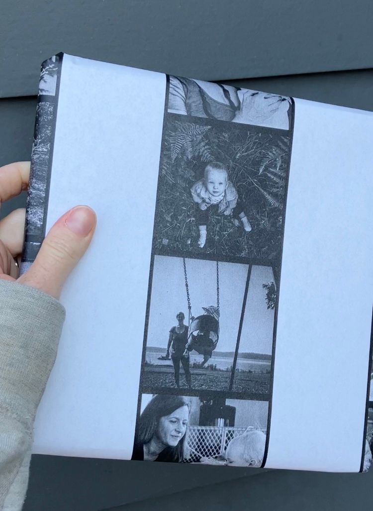Black and white photo strips in an open album showing childhood memories.