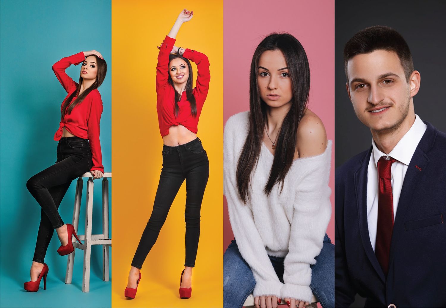Professional studio portraits against colorful background panels showcasing different poses and styles.