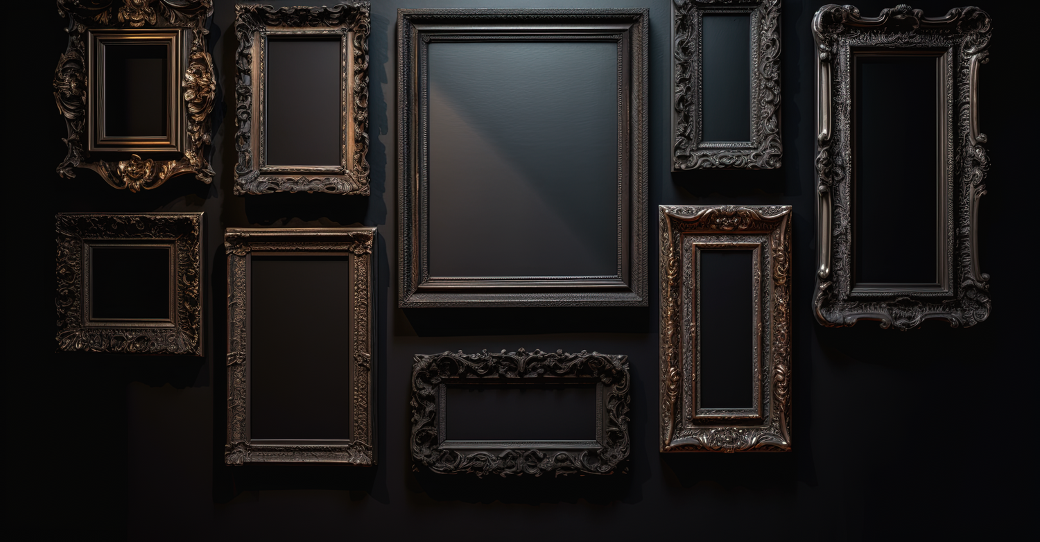 Collection of vintage ornate picture frames arranged on a dark wall.
