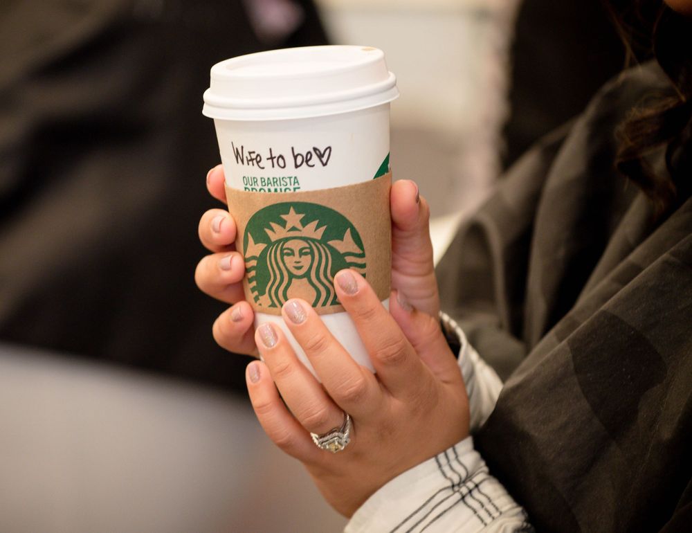 A hand holding a white Starbucks coffee cup with the green logo against a blurred background.