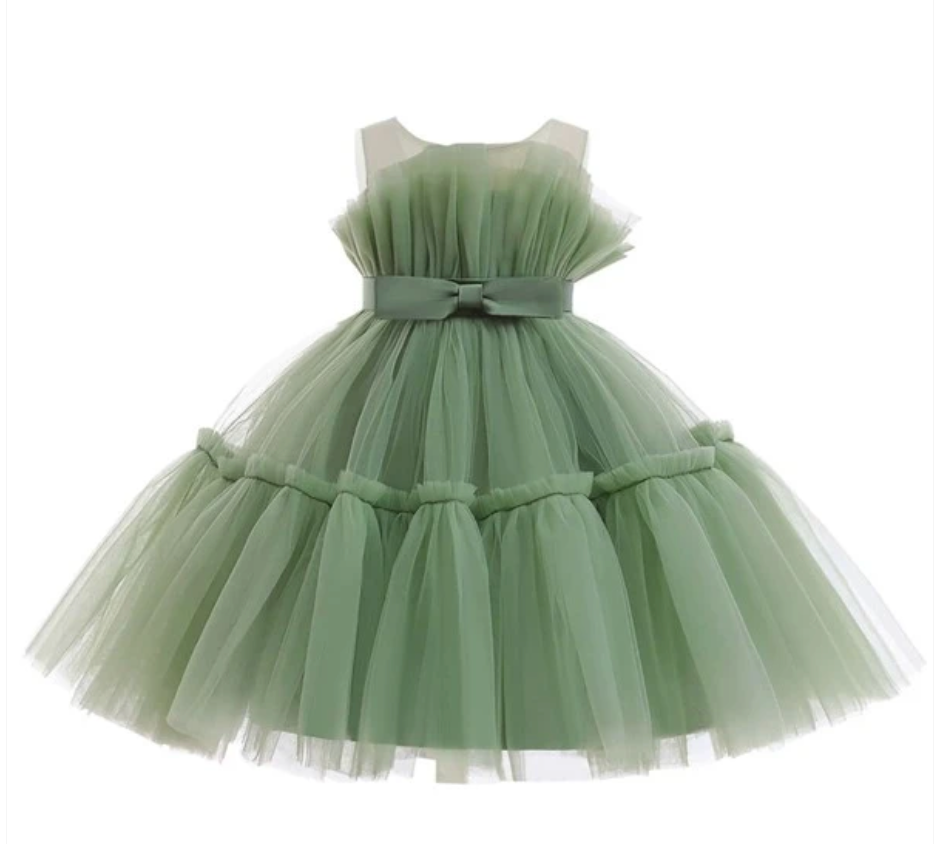 Sage green tulle party dress with gathered bodice and tiered skirt.
