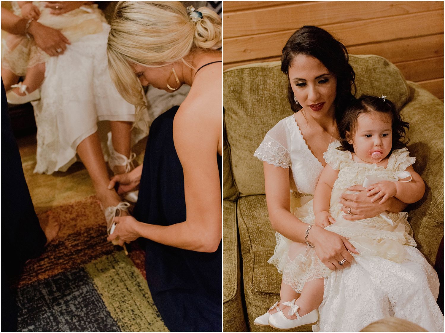 Wedding day preparations showing dress details and tender family moments.