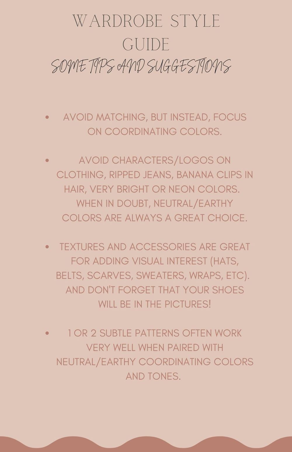 Wardrobe style guide with tips for coordinating colors and avoiding matching outfits.