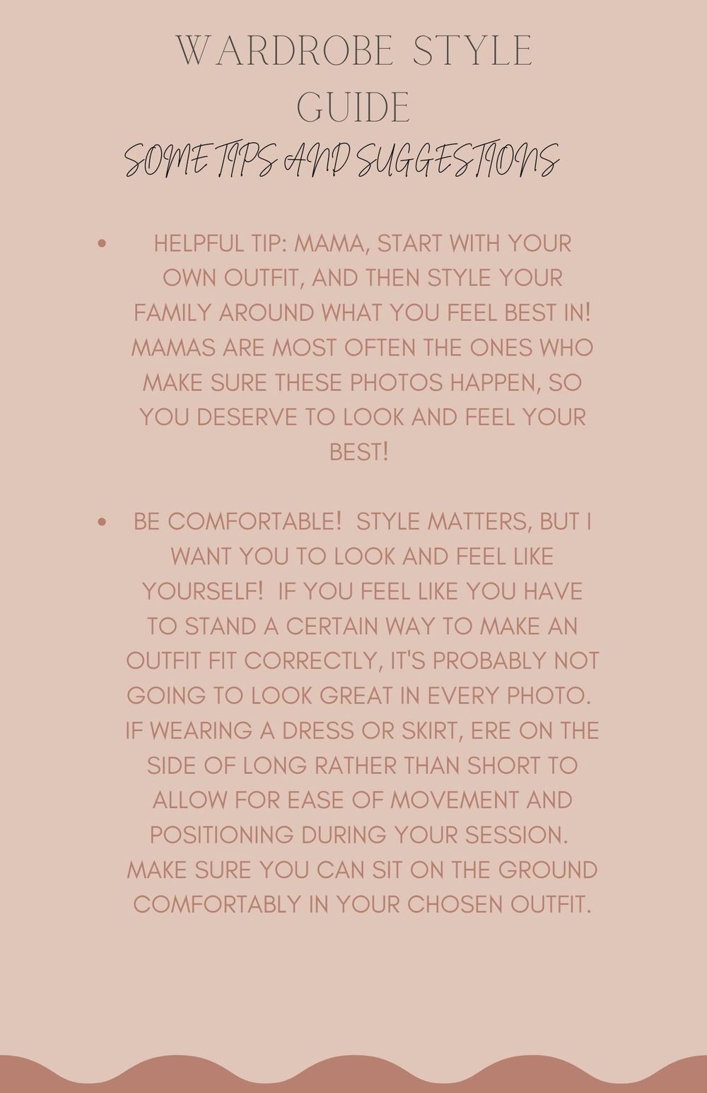Photography wardrobe guide with styling tips for comfort and movement during photo sessions.