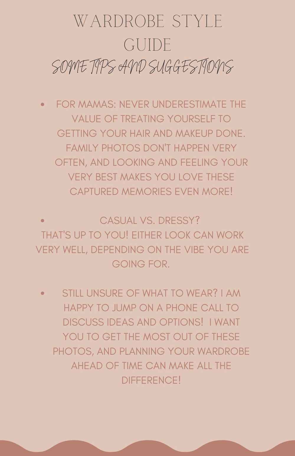 Family photo session style guide with casual versus dressy clothing recommendations.