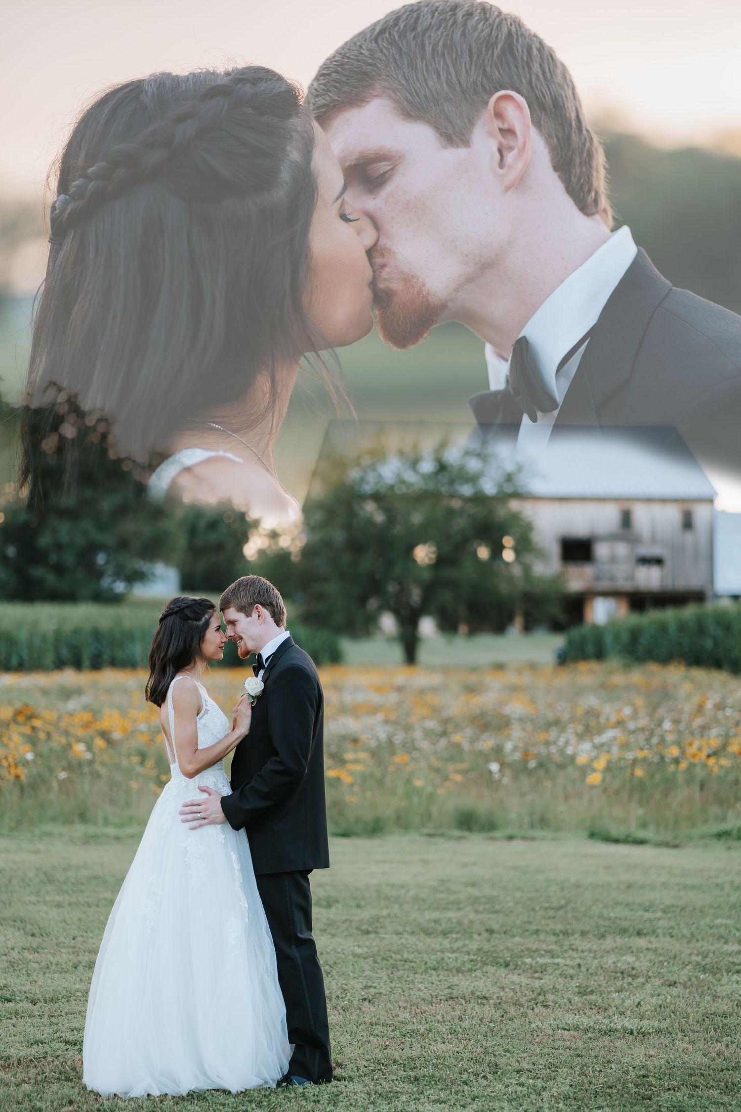 Romantic couple portrait in white dress and tuxedo against field of yellow flowers at sunset.