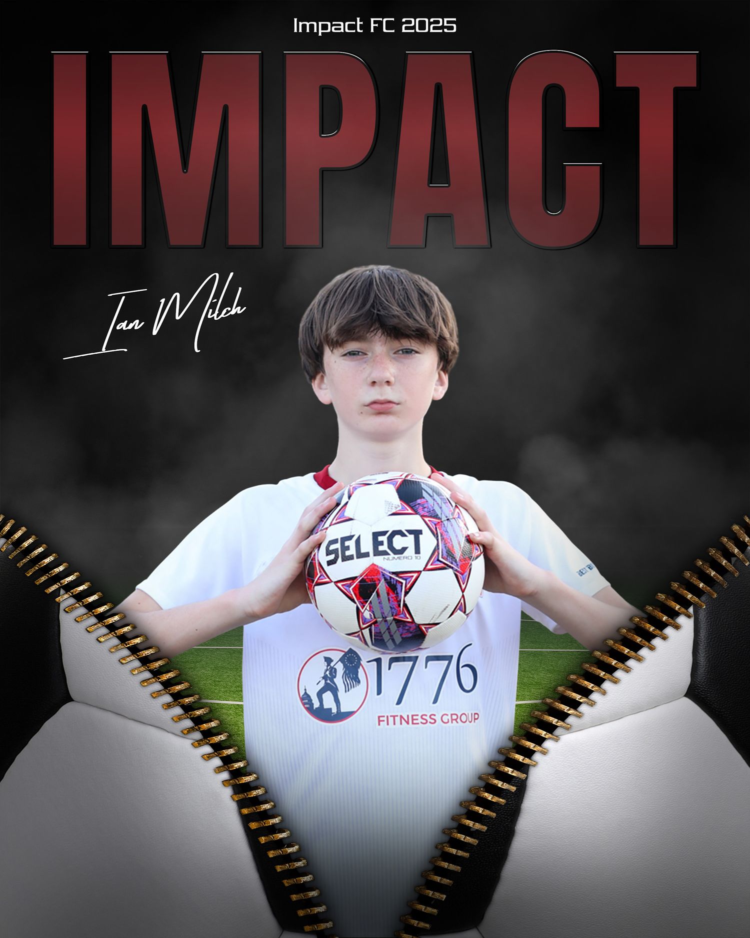 Young soccer player Ian Milch poses with a Select ball for Impact FC 2025 team photo.