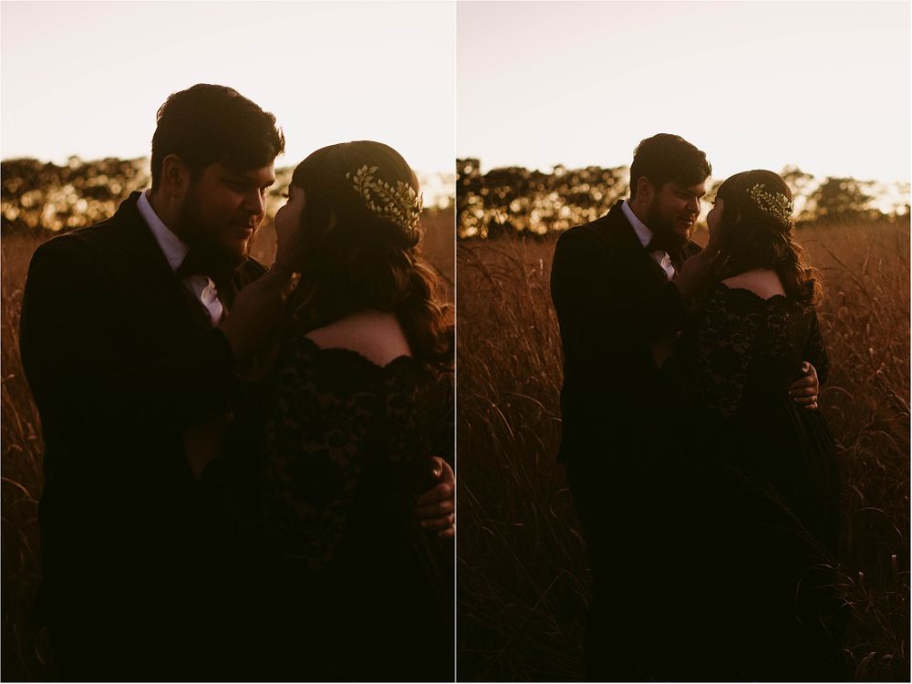 A couple shares intimate moments in silhouette against a warm sunset backdrop.