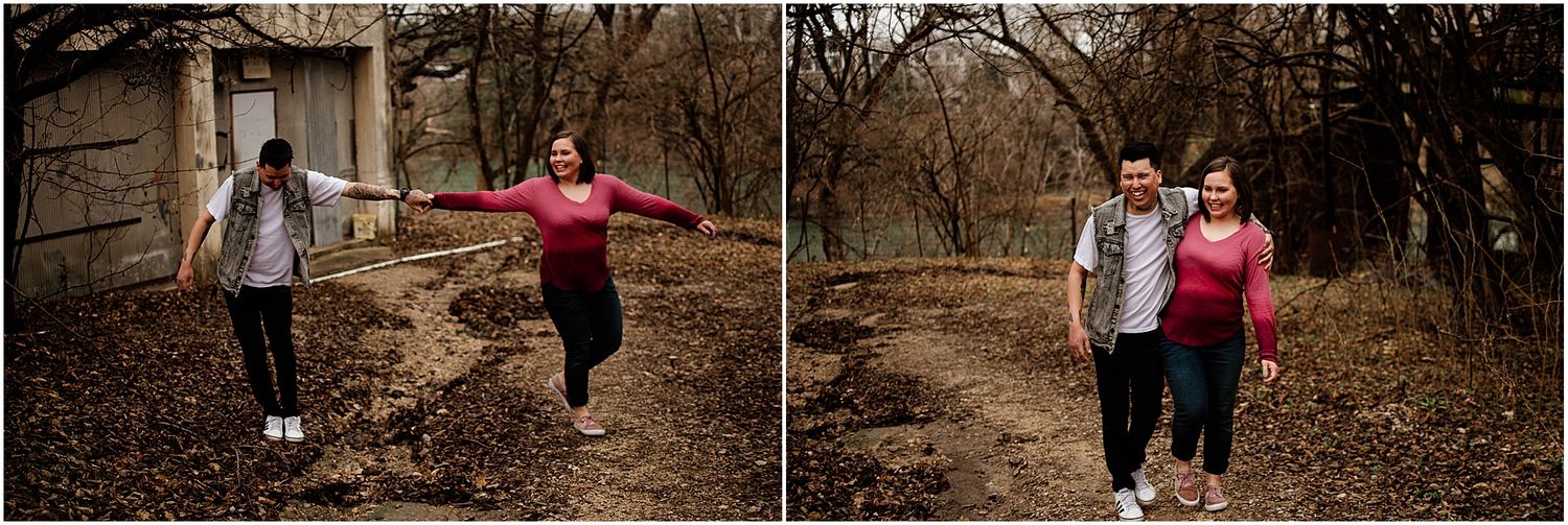 Two photos of a couple walking and posing together on a wooded trail.