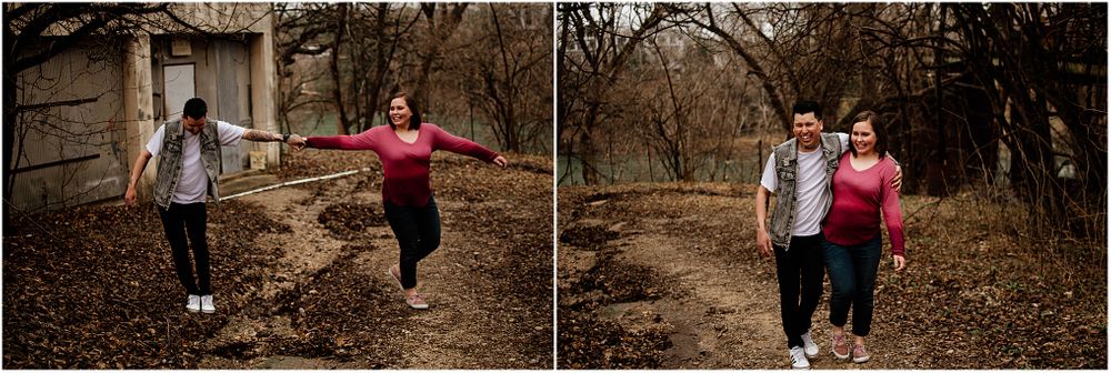Two photos of a couple walking and posing together on a wooded trail.