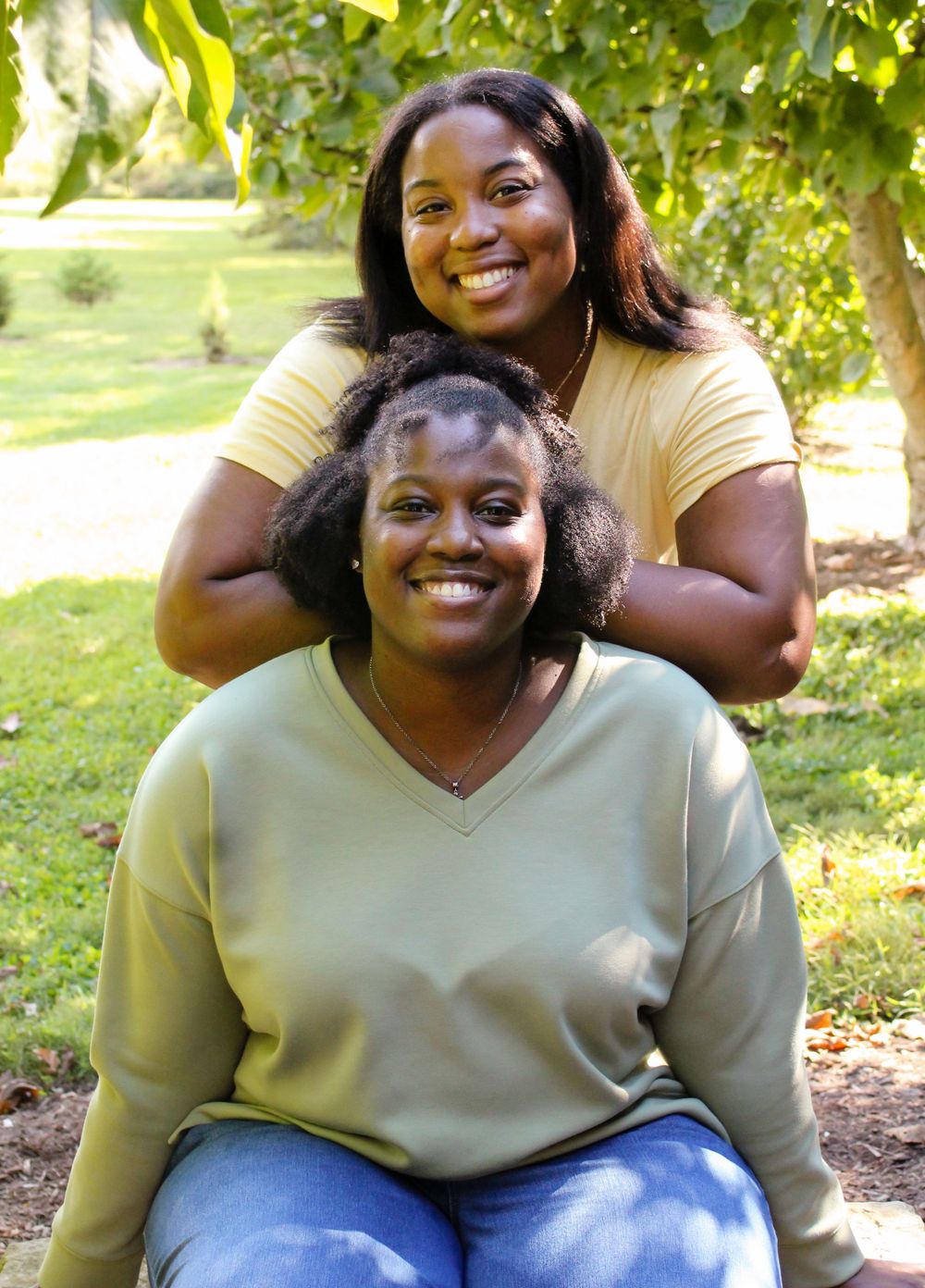 twins, sisters, smiles, nature, arboretum,