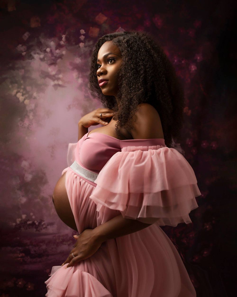 expecting mum in a pink dress maternity portrait photo