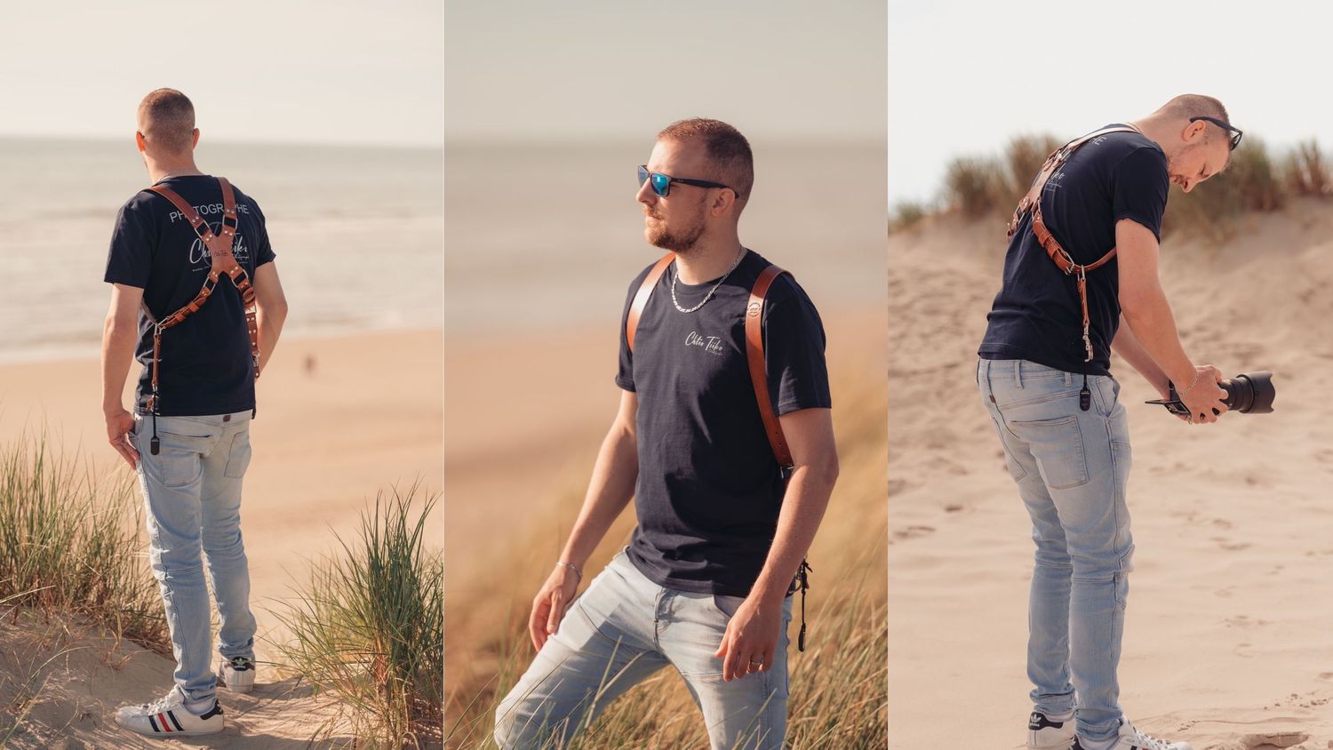 Triptych portrait of a young man in black t-shirt and jeans posing on a sandy beach with ocean views.