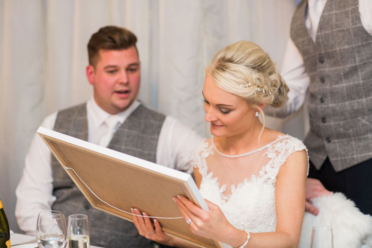 Hayley Elizabeth Photography Dogs at weddings bride and groom receiving portrait gift in speeches birtsmorton court