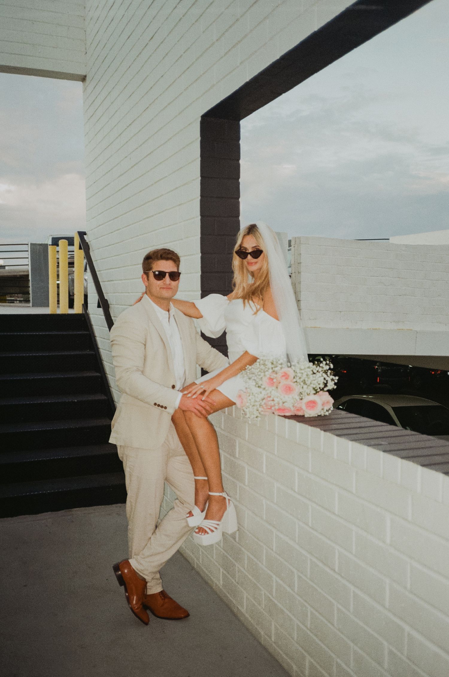 35mm film flash photo of fun bridal themed engagement shoot