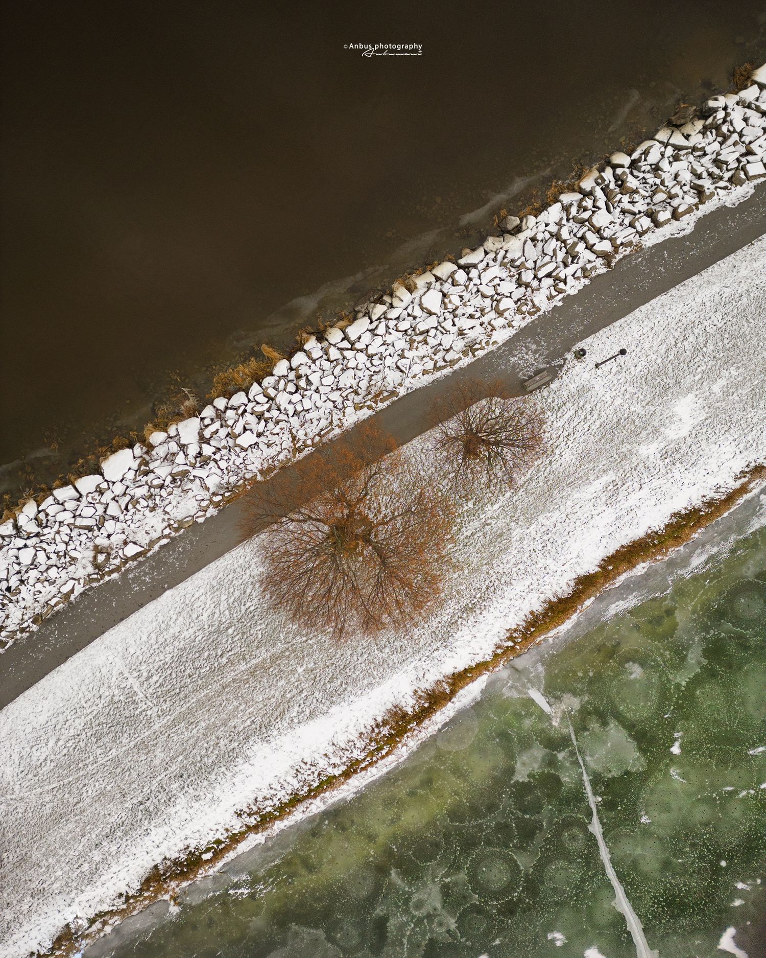 Aerial view of a snowy shoreline with contrasting dark water, white snow, and green landscape creating diagonal lines.