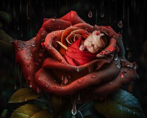 Artistic macro photography of red roses with water droplets in dark moody lighting.