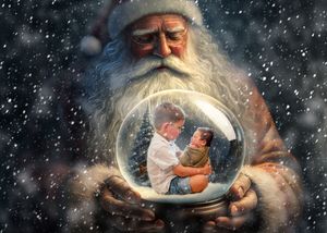 Magical winter scene with falling snow and glowing orbs against dark background.