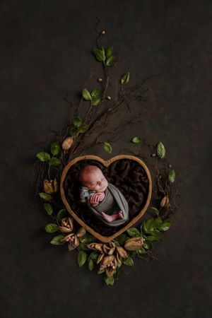 Artistic newborn photography setup with wooden heart frame and green foliage on dark background.