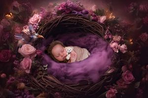 Dreamy floral nest setup with pink roses and purple smoke effects.